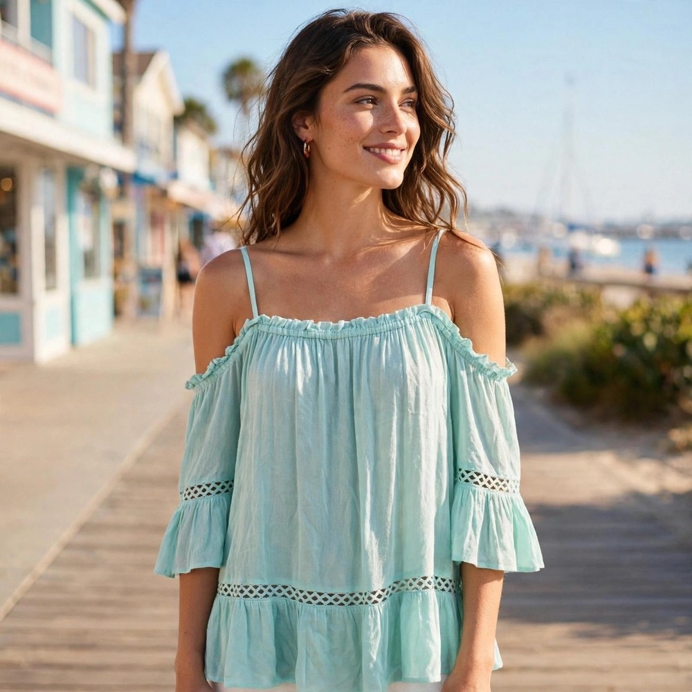 The Impeccable Pig Mint Green Off Shoulder Ruffle Crochet Trim Top